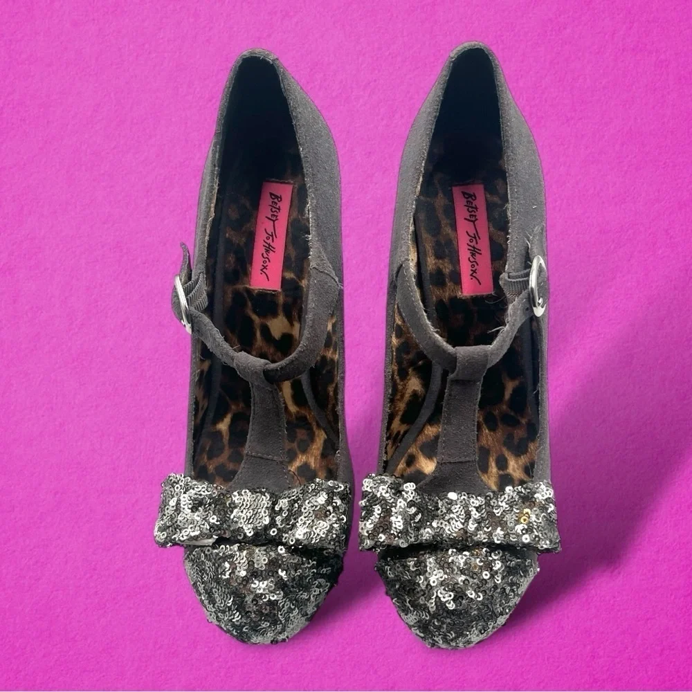 Betsey Johnson Gray Poppie Mary Jane Heels with Silver Sequin Bow
